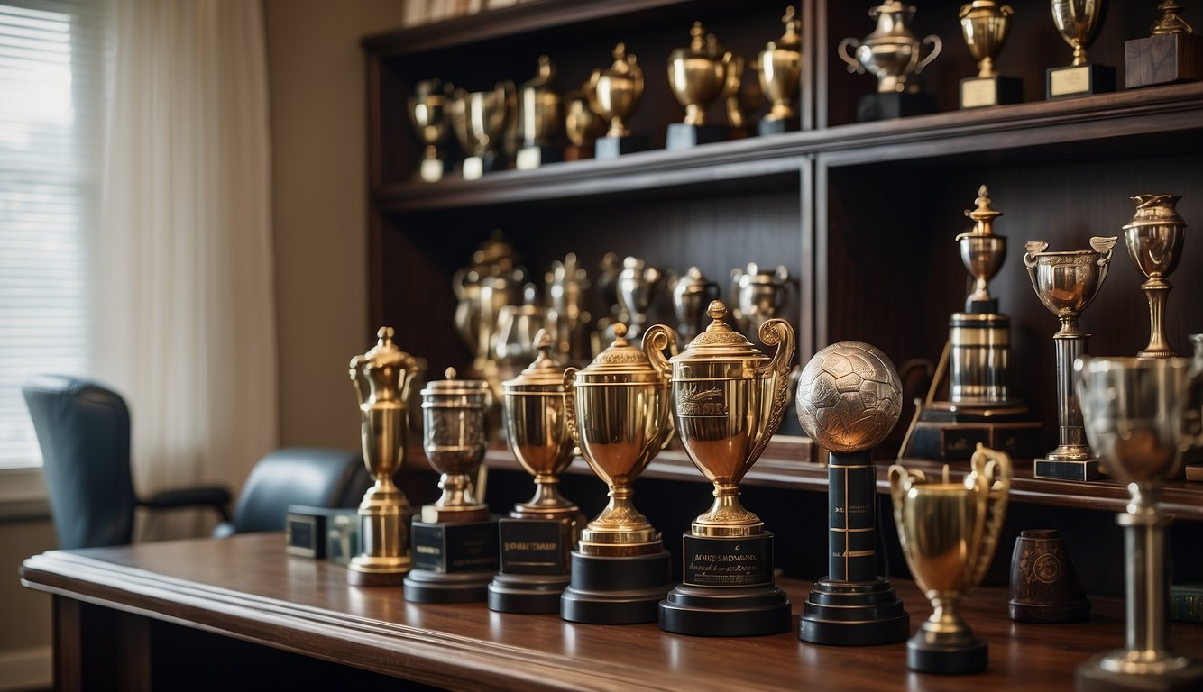 A shelf displays old sports trophies being repurposed as decorative accents in a home office