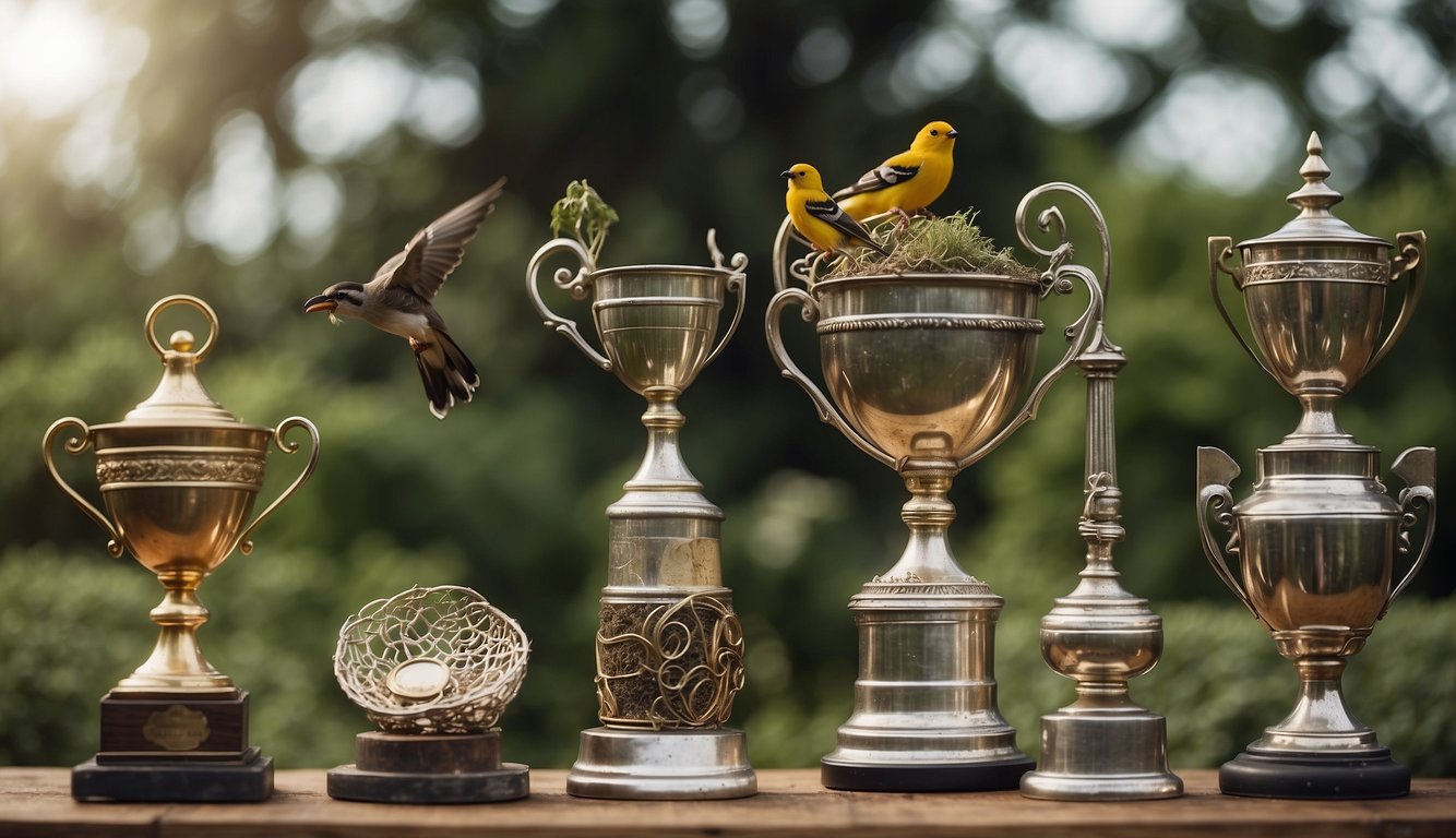 Old sports trophies being repurposed into new items like bird feeders and garden decorations, reducing environmental impact