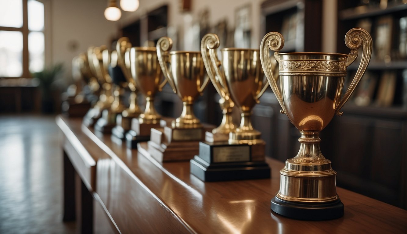 Old sports trophies being collected in a community center. People discussing ideas for repurposing or donating them