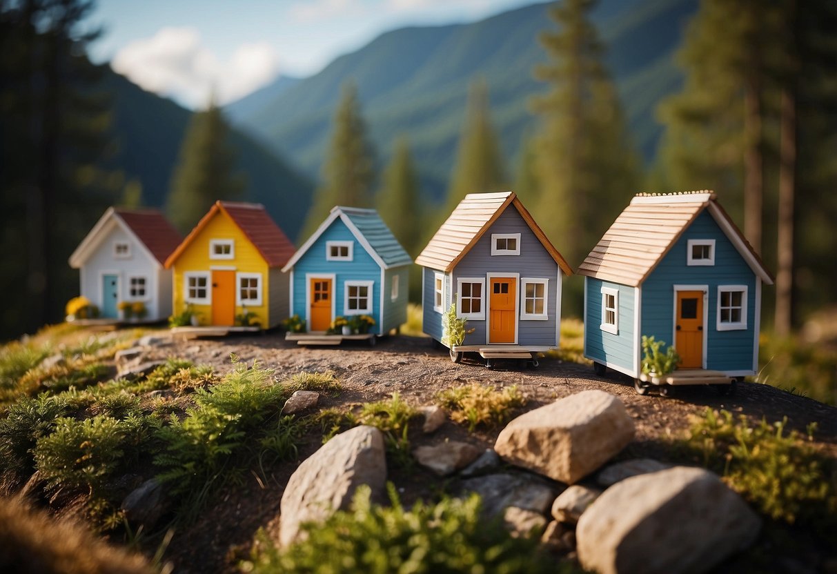 A collection of 5 unique tiny houses, each with its own innovative design and features, nestled in a picturesque natural setting