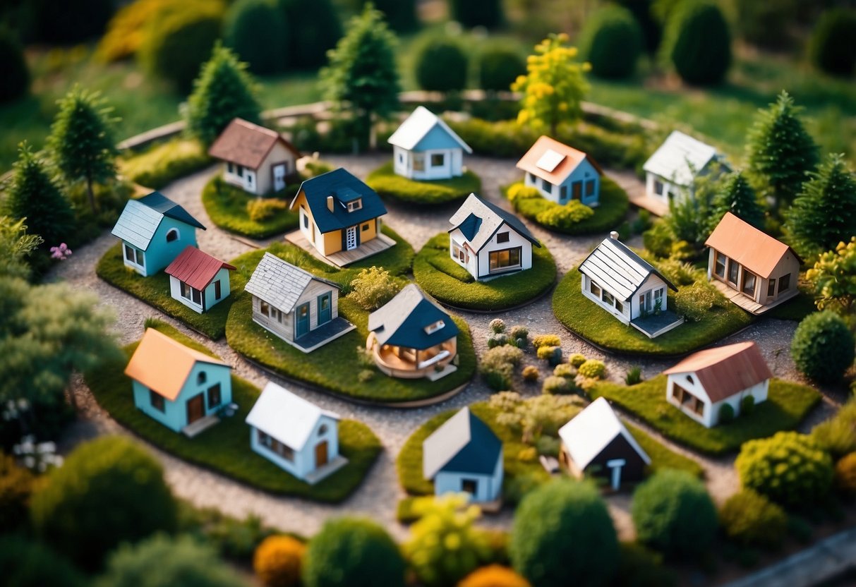 Aerial view of 5 unique tiny houses arranged in a circle, each showcasing different design principles and inspiration. Surrounding landscape features lush greenery and a serene setting
