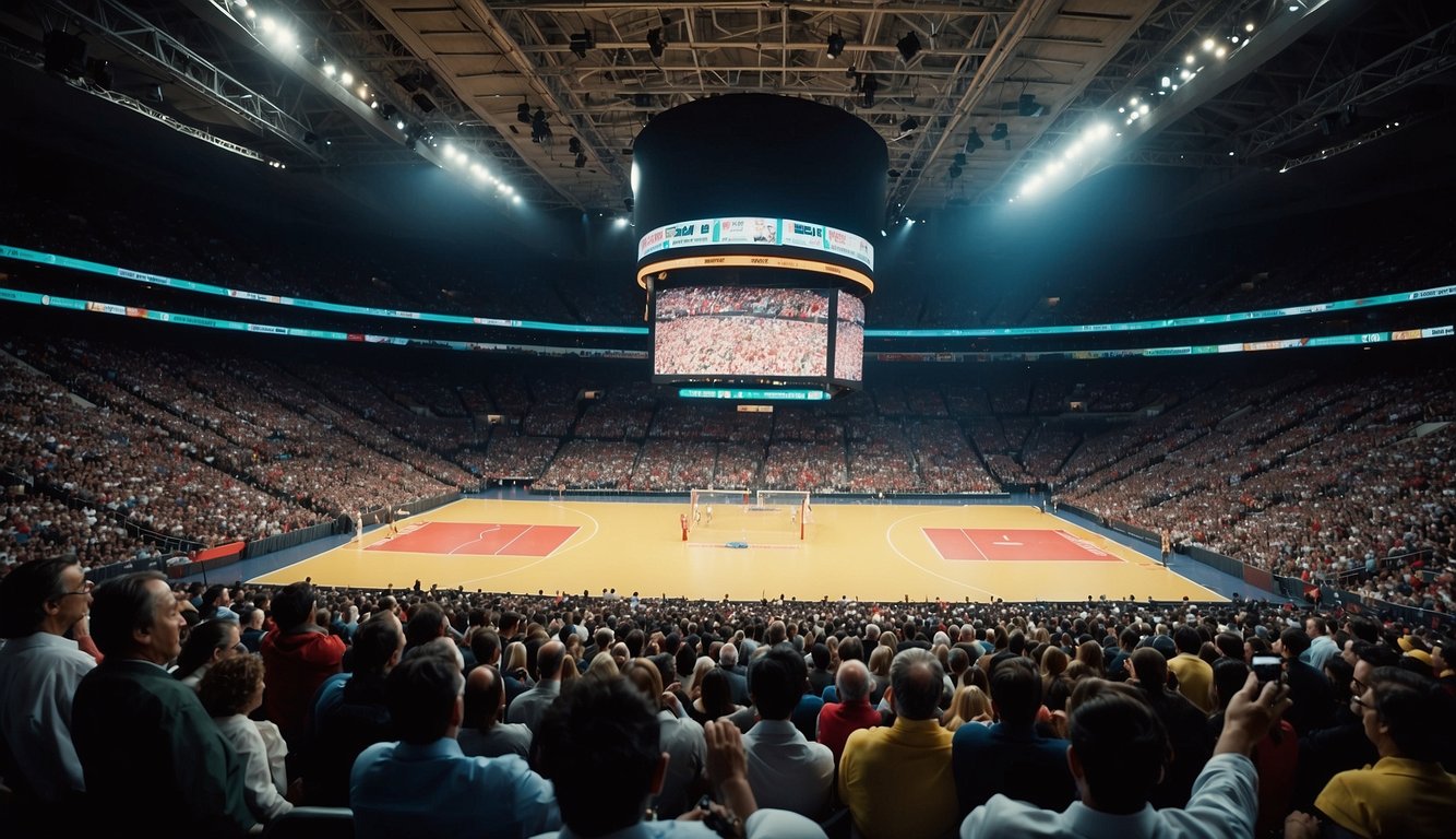 A crowded sports arena with a historic game in progress, surrounded by iconic sports figures and landmark events displayed prominently