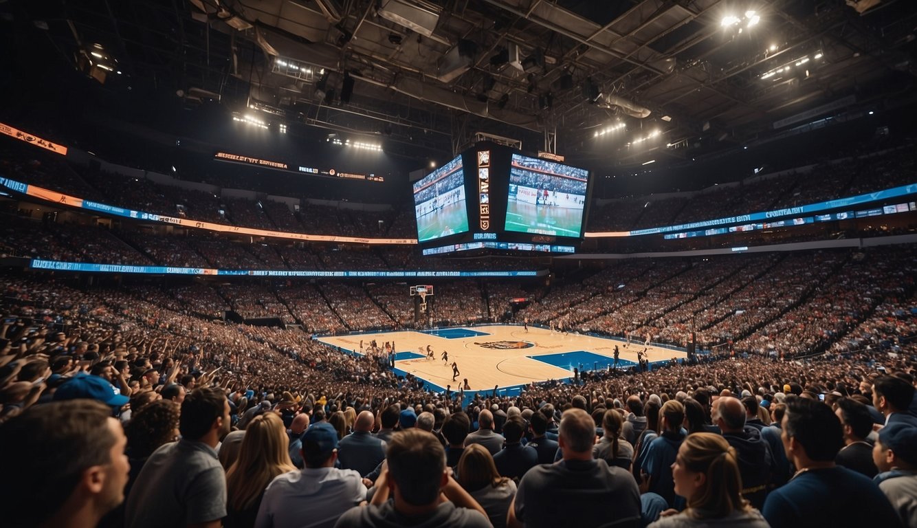 A bustling sports arena with fans cheering, players in action, and vibrant team colors on display. The energy and excitement of the game are palpable, capturing the essence of Sports Illustrated's first issue