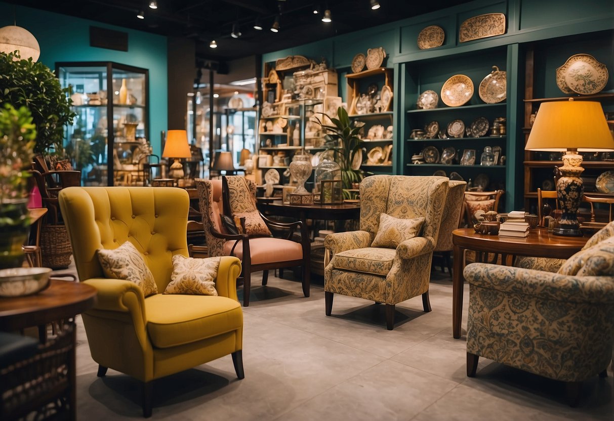 A bustling neighborhood furniture shop in Singapore, with colorful displays of chairs, tables, and cabinets. The shop's sign is adorned with intricate designs, and customers browse the selection inside