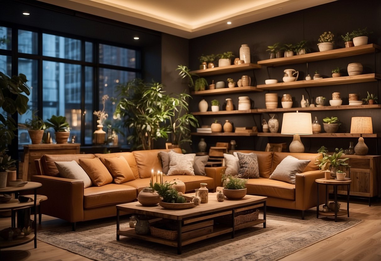 A cozy furniture shop with warm lighting, wooden shelves filled with unique decor pieces, and comfortable sofas arranged in inviting displays