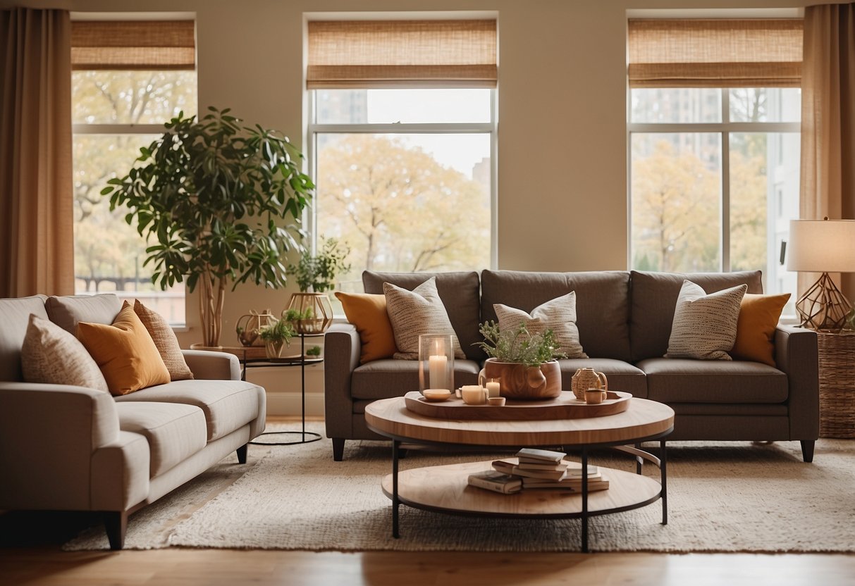 A cozy living room with a modern sofa, coffee table, and floor lamp from North Point Furniture. Warm colors and soft textures create a welcoming atmosphere