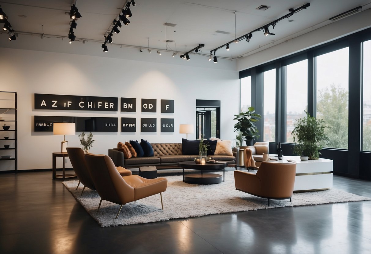A sleek, minimalist showroom with bold, clean typography on the walls. Modern furniture pieces are displayed in an organized and inviting manner