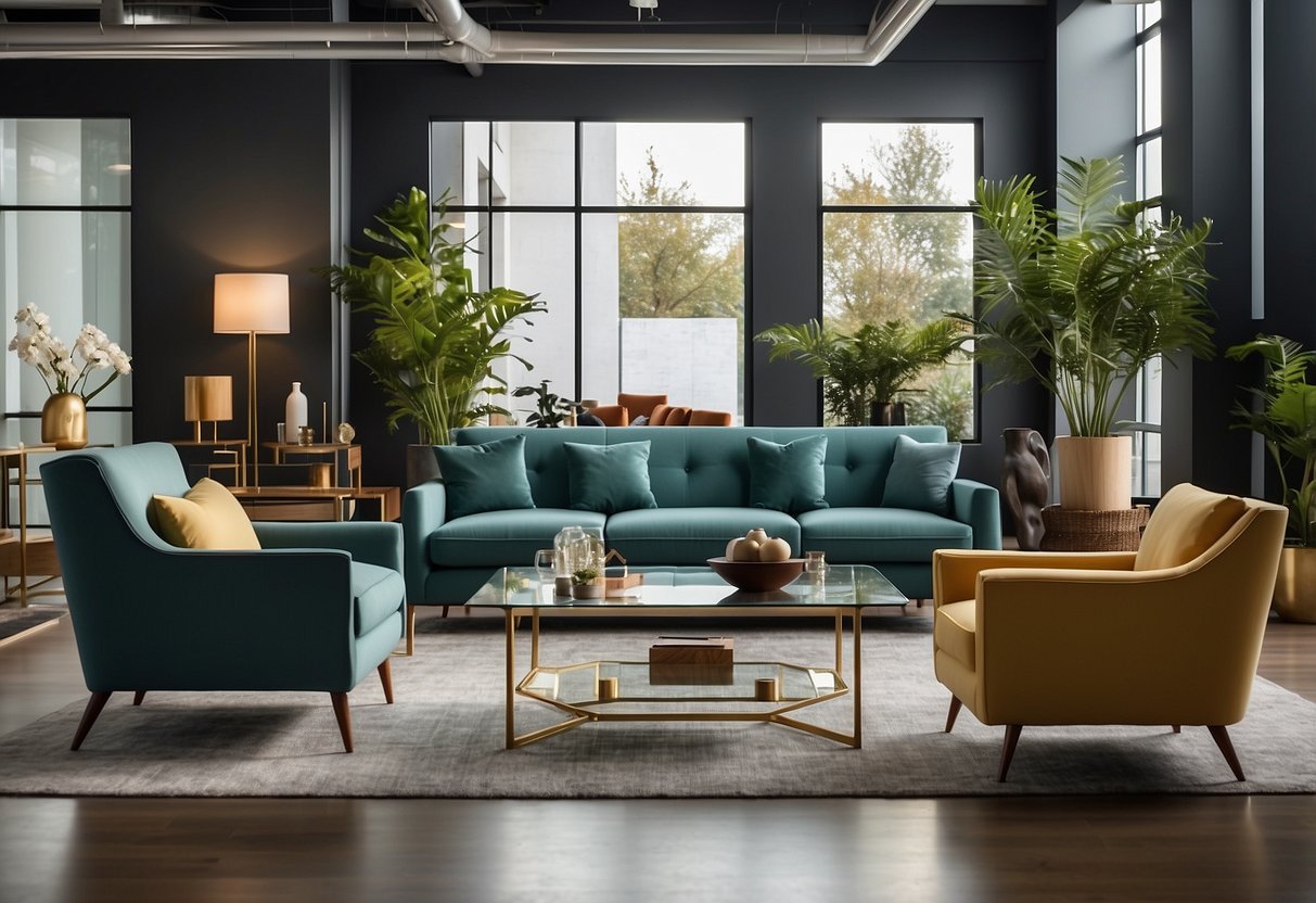 A spacious showroom displays modern and classic furniture pieces in various settings, with natural lighting and a minimalist aesthetic