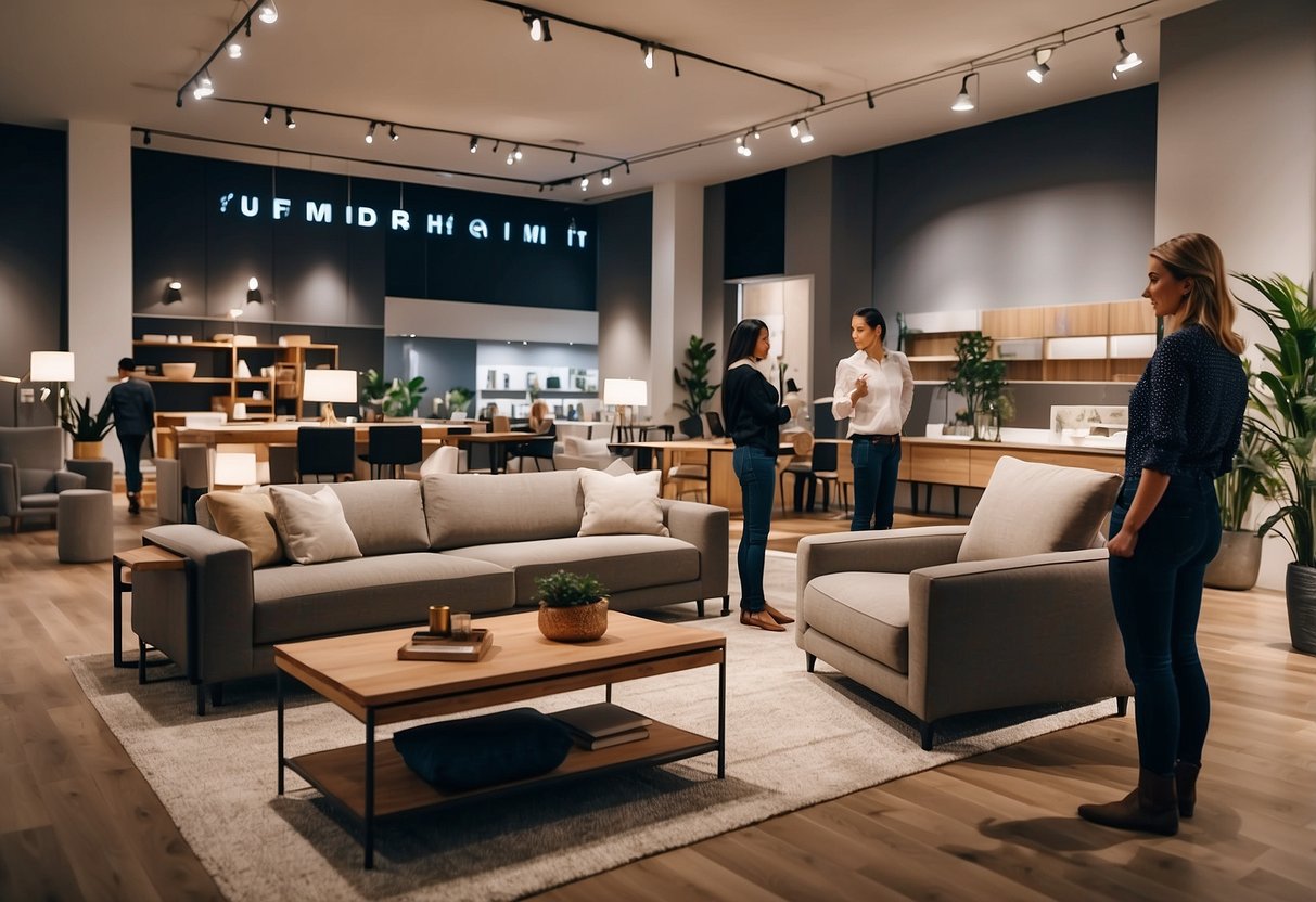Customers browsing modern furniture displays in a spacious, well-lit showroom with helpful staff and a relaxed ambiance
