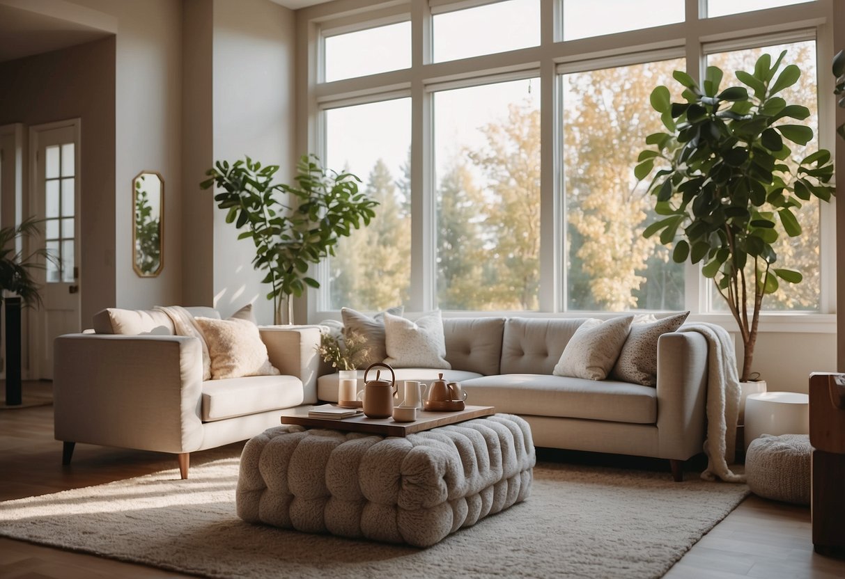 A cozy living room with a plush sofa, elegant coffee table, and soft rug. Bright natural light filters through the window, illuminating the stylish decor