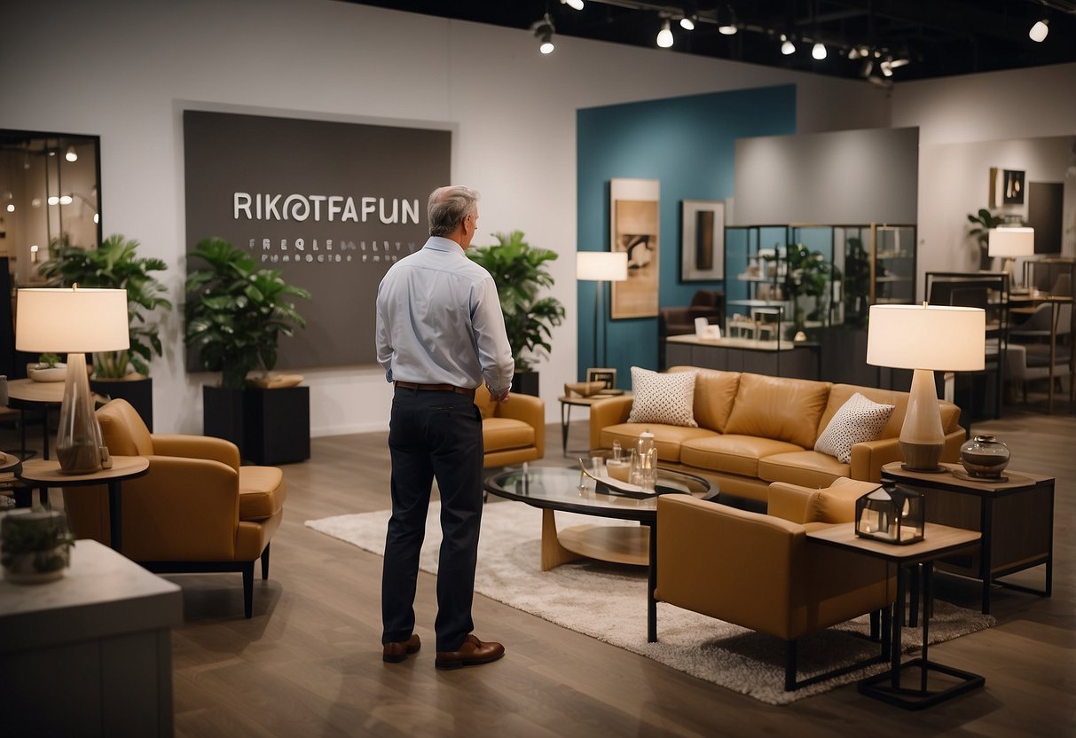 A customer browsing through a showroom of modern furniture, with a sign reading "Frequently Asked Questions" at North Point Furniture