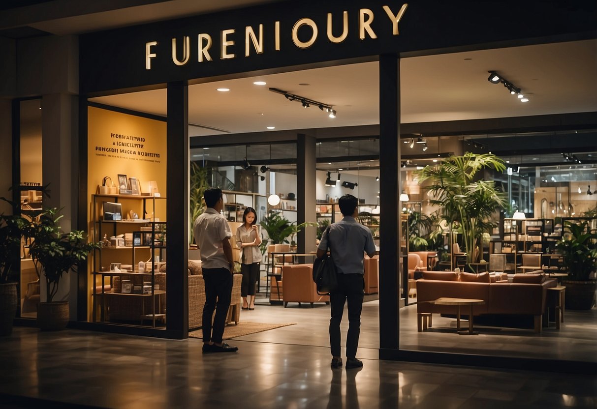 A bustling furniture shop in Singapore's neighbourhood, with customers browsing, staff assisting, and a sign displaying "Frequently Asked Questions"