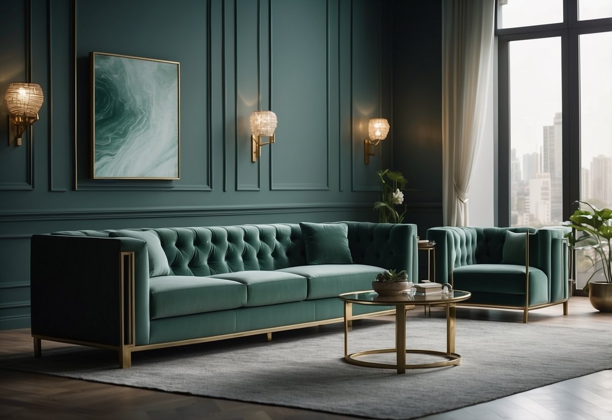 A room filled with sleek jade furniture, reflecting soft light