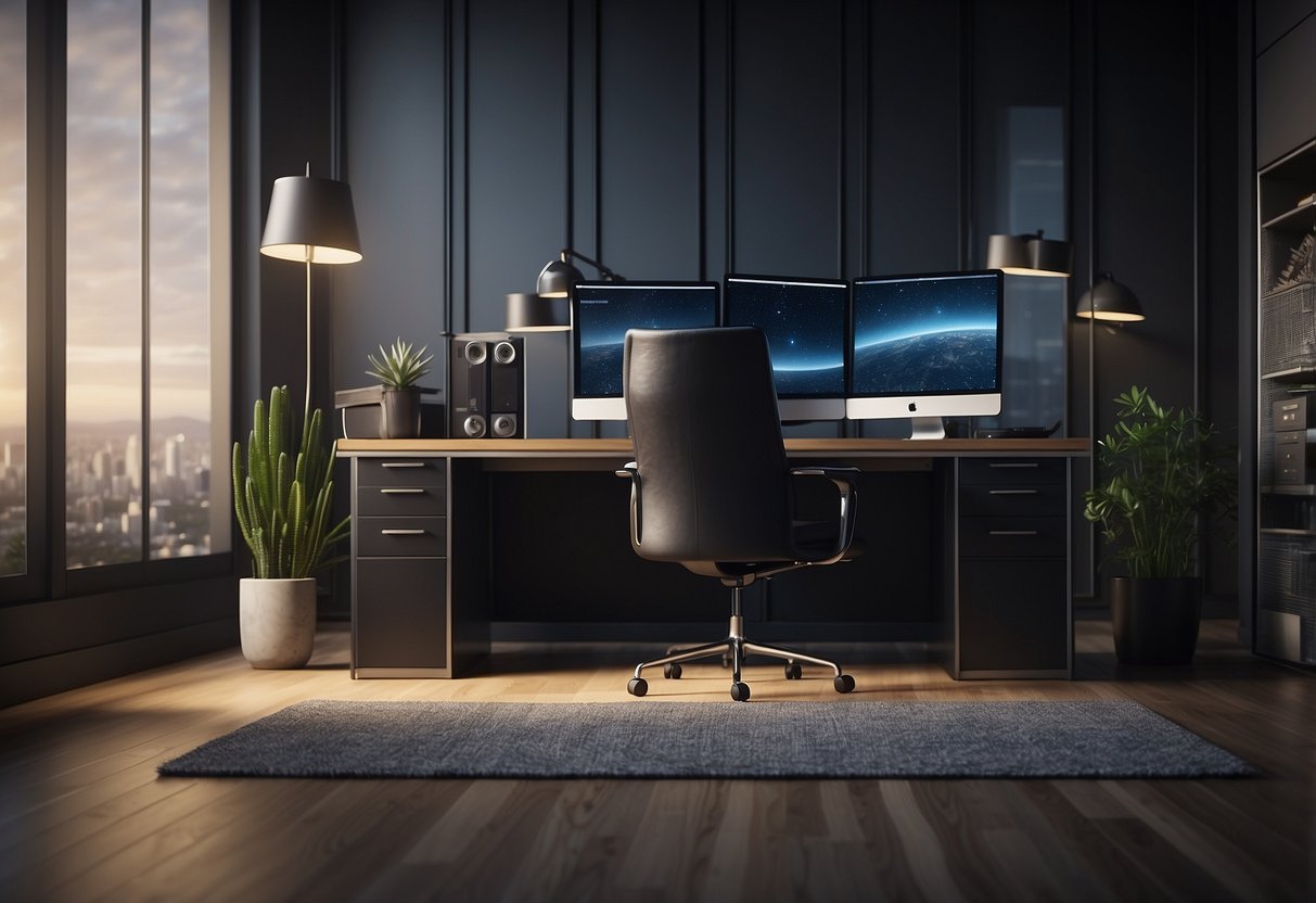 A room with a desk, chairs, and a carpet. The desk has a computer and files. The walls have framed financial statements