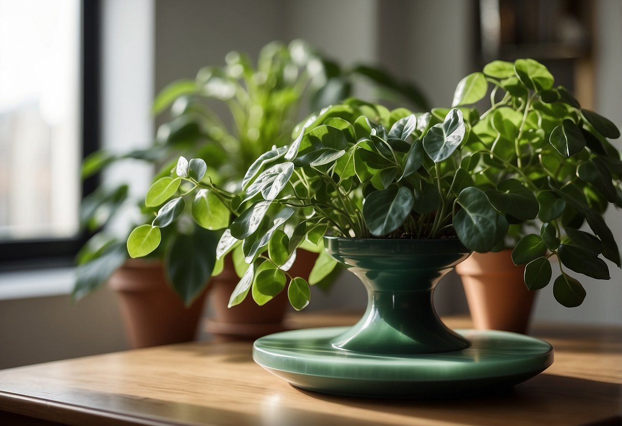 A handcrafted jade table sits in a well-lit room, surrounded by carefully placed houseplants. A small cloth is seen nearby, ready for gentle dusting