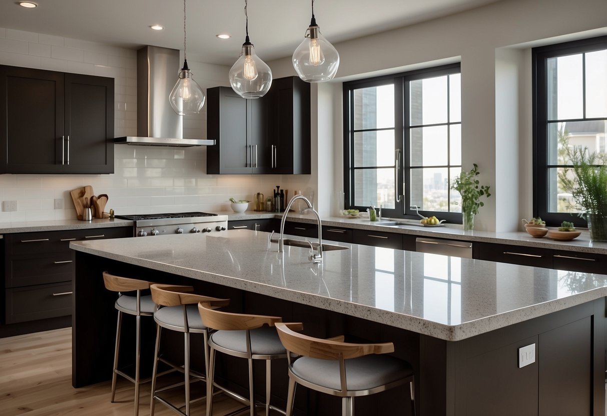 The kitchen furniture is a deep espresso brown, with sleek modern lines and silver hardware. The countertops are a cool grey quartz, adding contrast to the warm wood floors