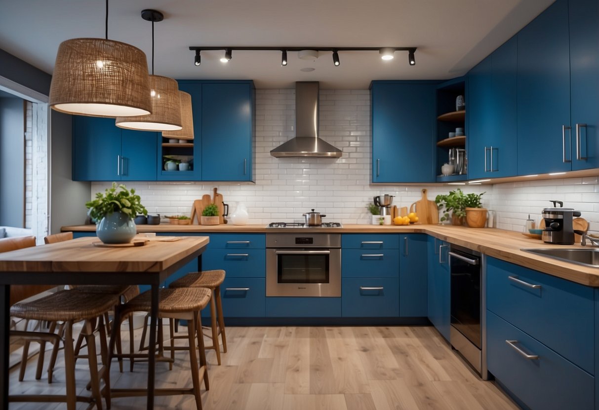 A modern kitchen with vibrant blue cabinets contrasted with a sleek white countertop and stainless steel appliances. The walls are painted a soft grey, and the floor is a warm, natural wood tone