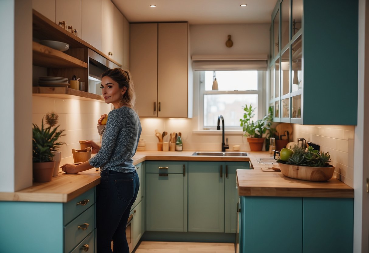 A person choosing kitchen furniture and accessories, focusing on color and style