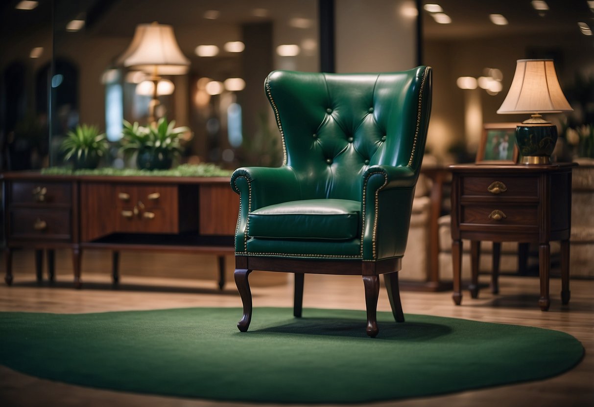 A jade furniture set displayed with a "Frequently Asked Questions" sign nearby