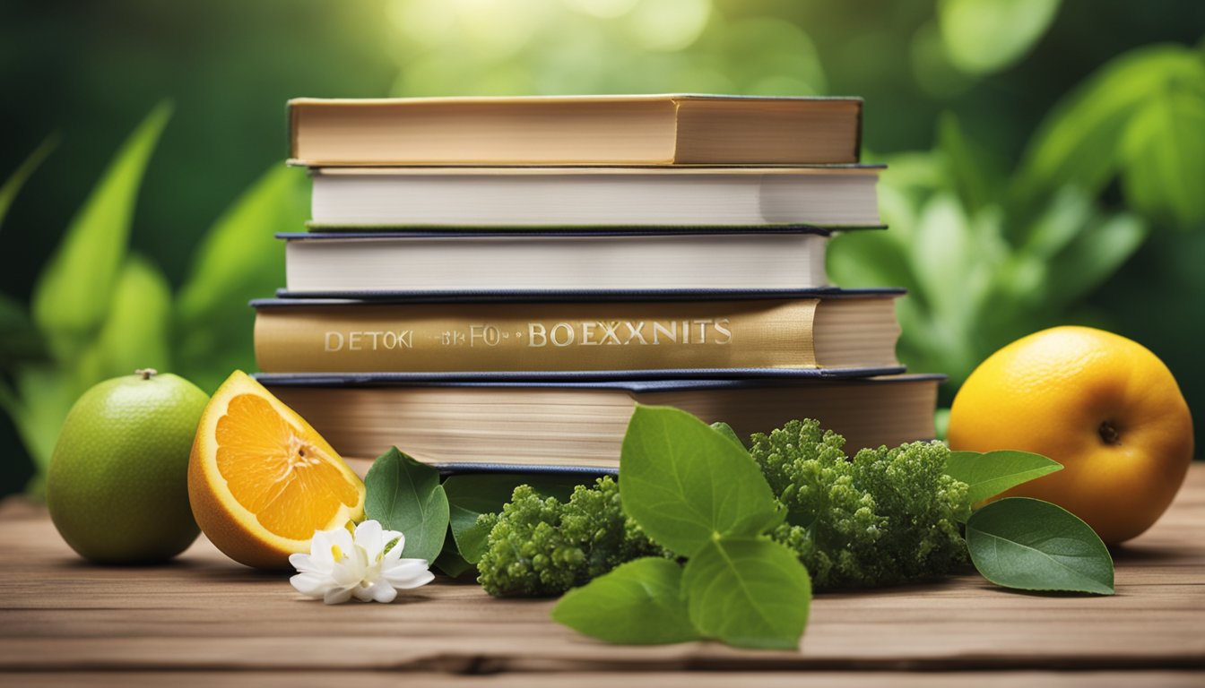 A serene setting with 10 books on detox benefits, surrounded by natural elements like plants and fruits, symbolizing the cleansing and rejuvenating effects of detox