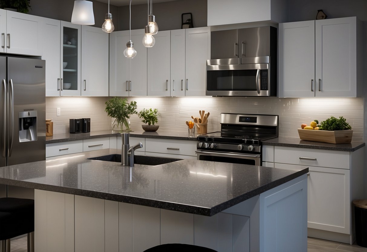 A modern kitchen with sleek white cabinets and stainless steel appliances. The walls are painted a soft grey, and the countertops are a dark granite