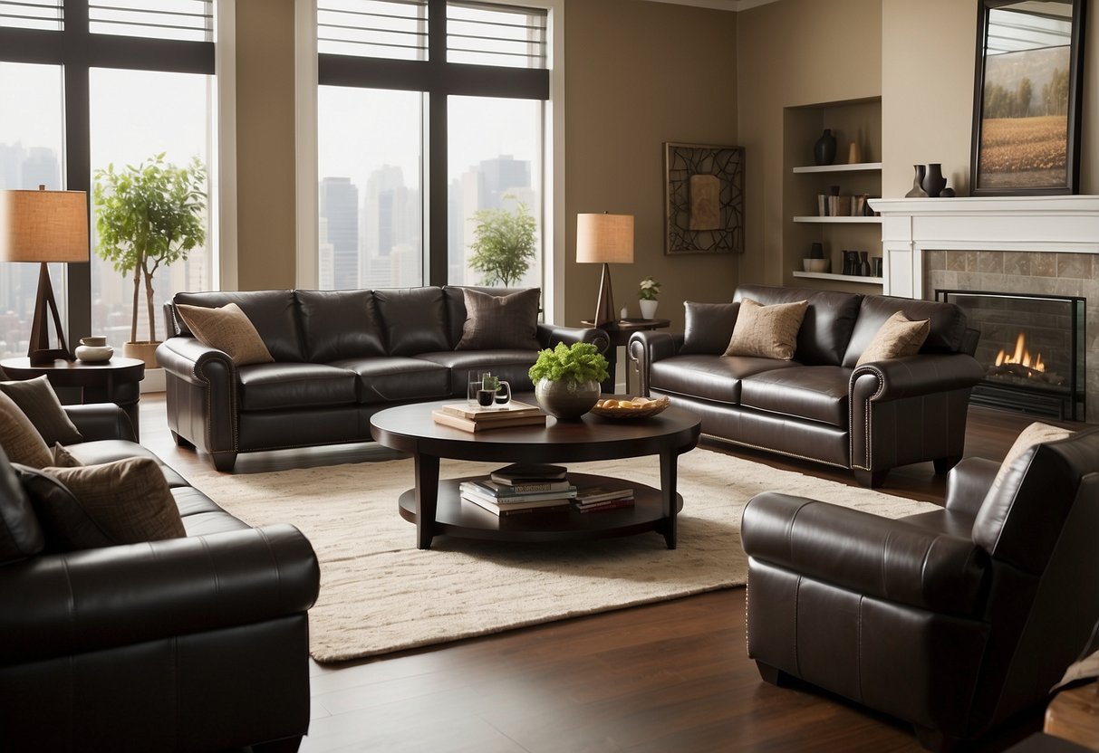 A modern living room with Leggett and Platt furniture, featuring a sleek sofa, elegant coffee table, and stylish recliner