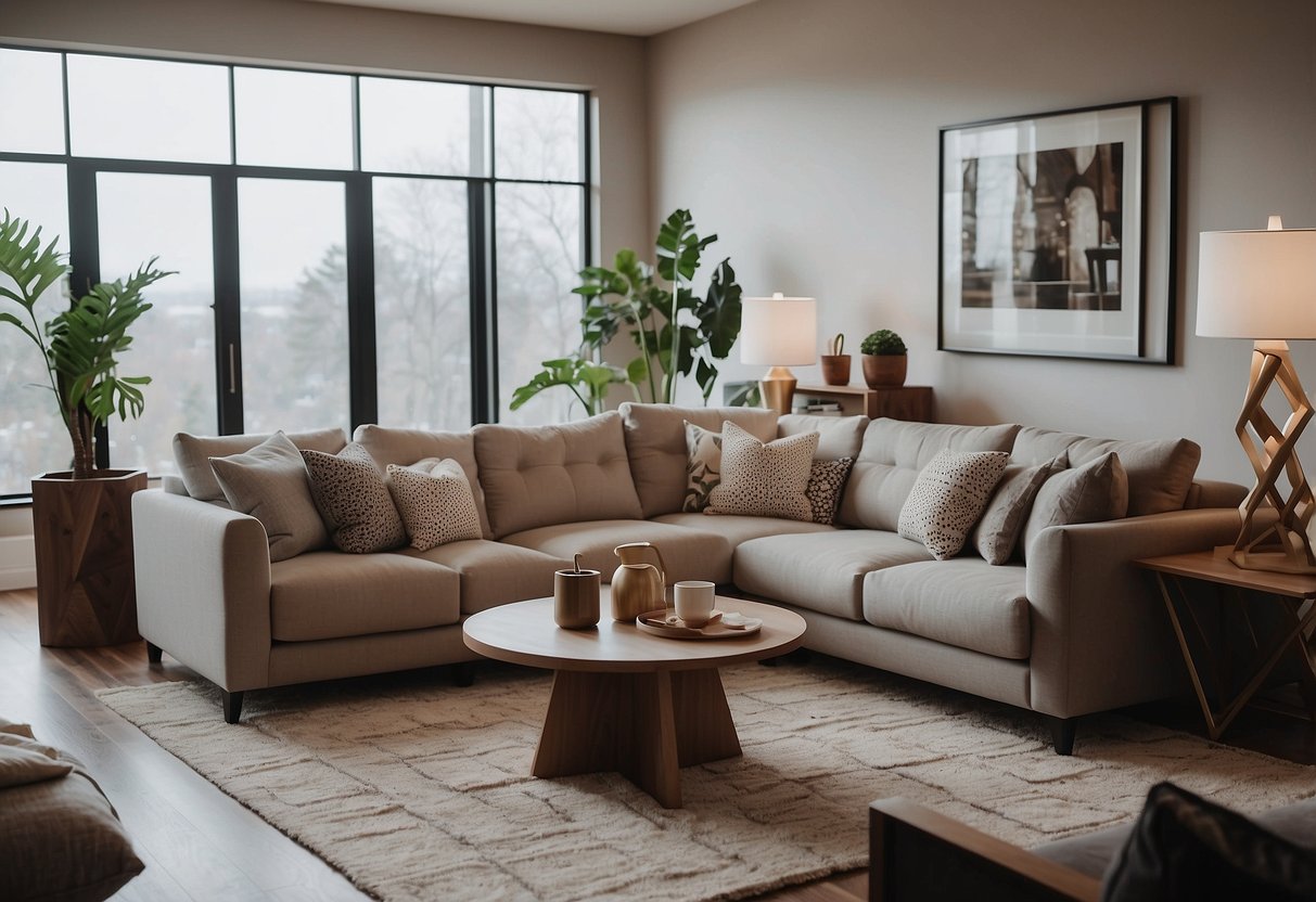 A cozy living room with star-shaped furniture arranged in a modern and stylish manner. The furniture includes a star-shaped coffee table, star-patterned rugs, and star-shaped throw pillows on the couch