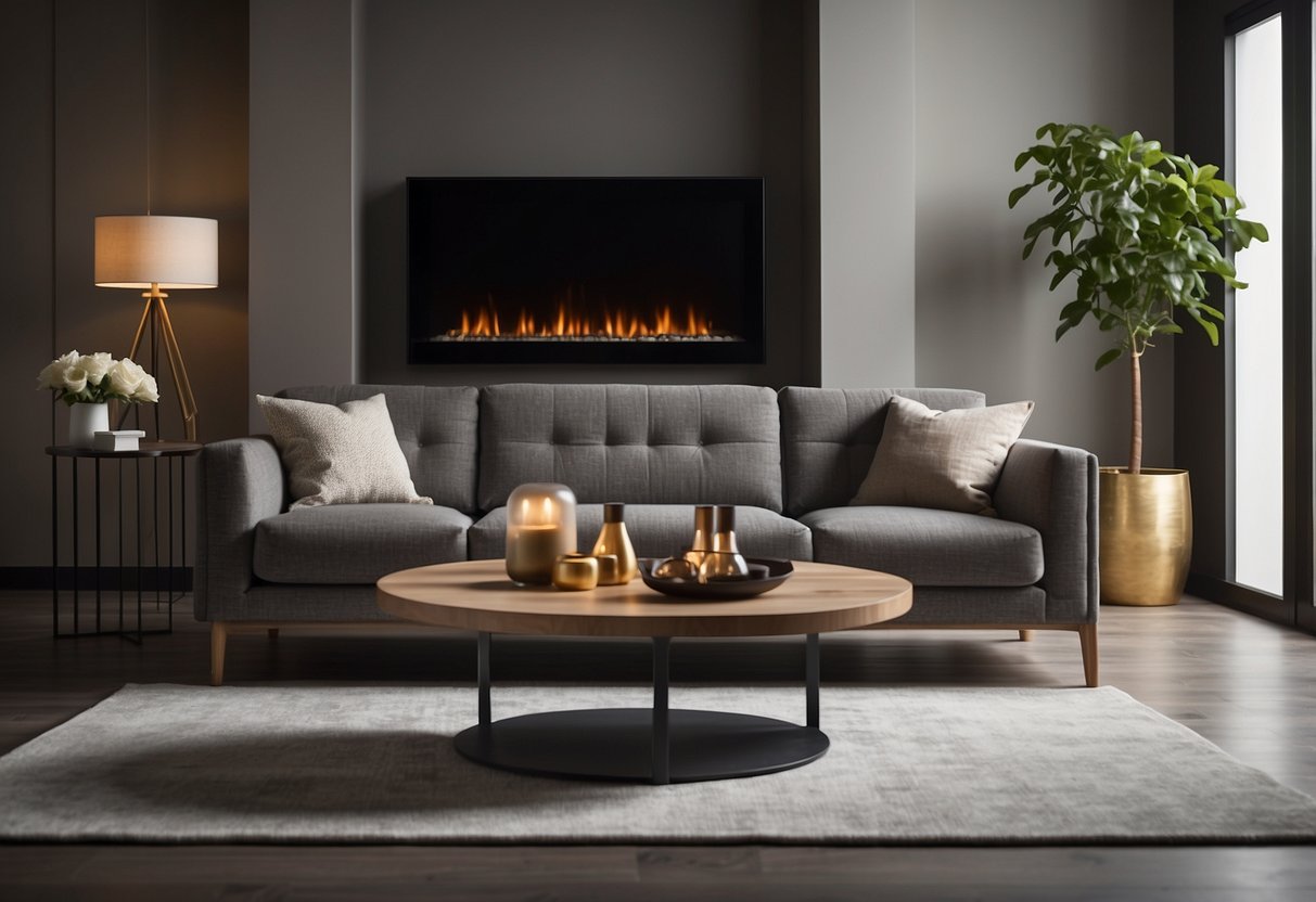 A living room with Leggett & Platt furniture: a cozy sofa, elegant coffee table, and stylish armchair arranged around a modern fireplace