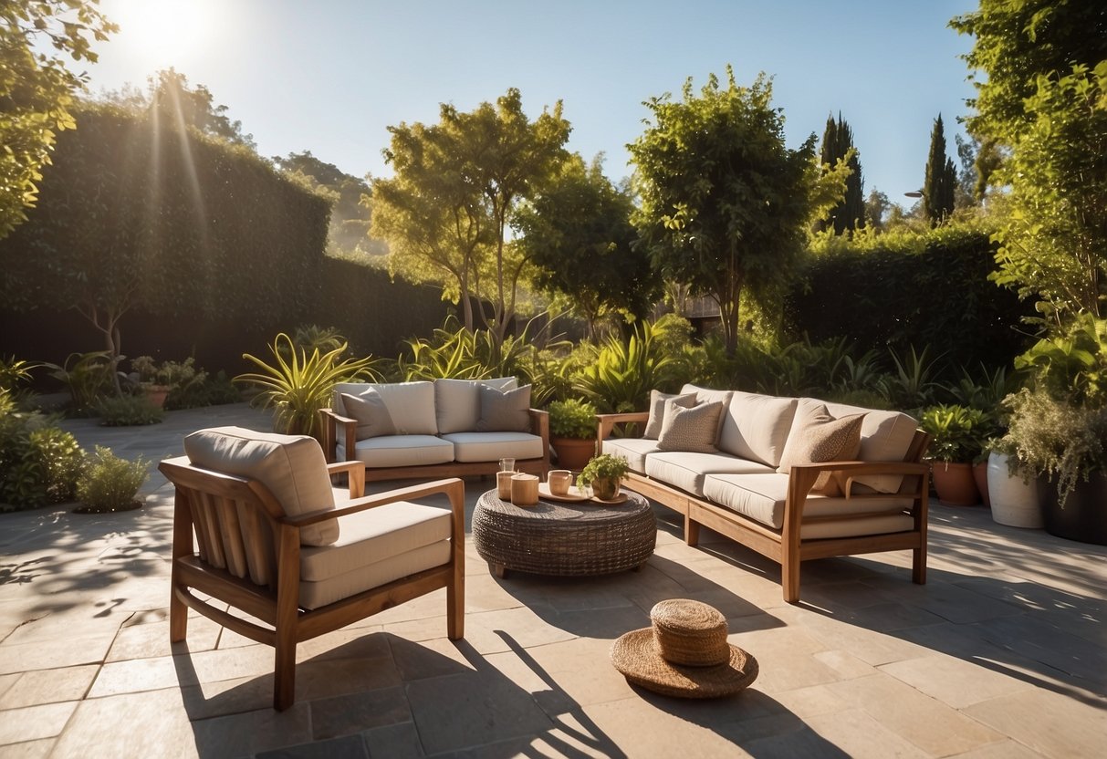 A spacious patio adorned with elegant, high-end outdoor furniture, surrounded by lush greenery and bathed in warm sunlight