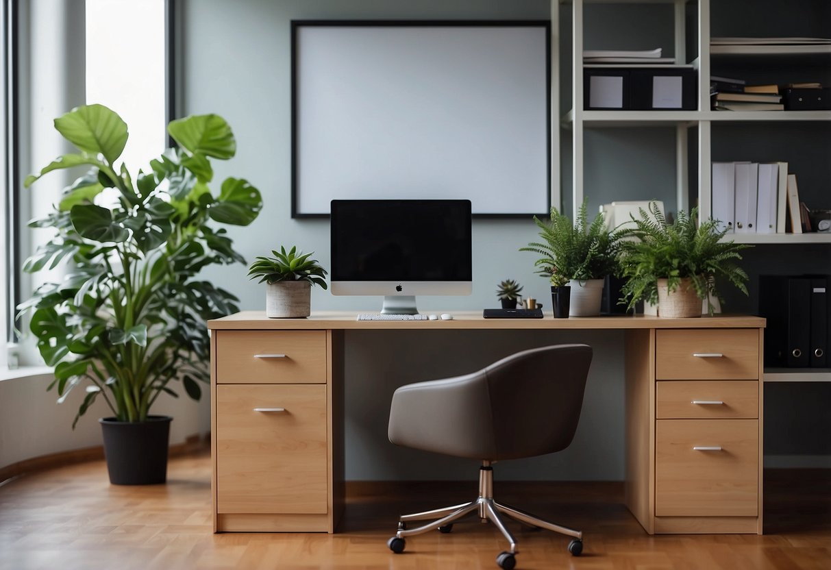 An office desk with a computer, chair, and file cabinet nearby. A potted plant sits on a nearby shelf