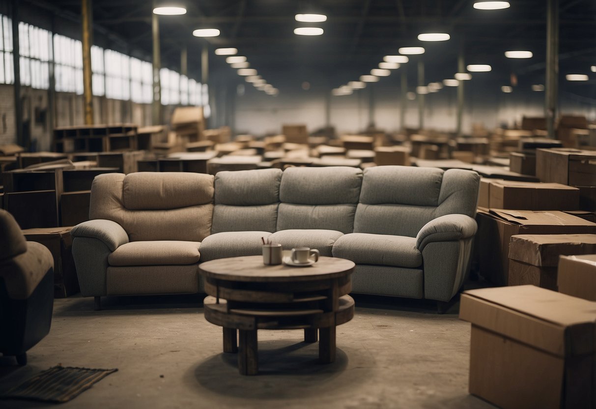 The old freedom furniture stock sits in a dimly lit warehouse, covered in dust and cobwebs, with faded colors and worn edges