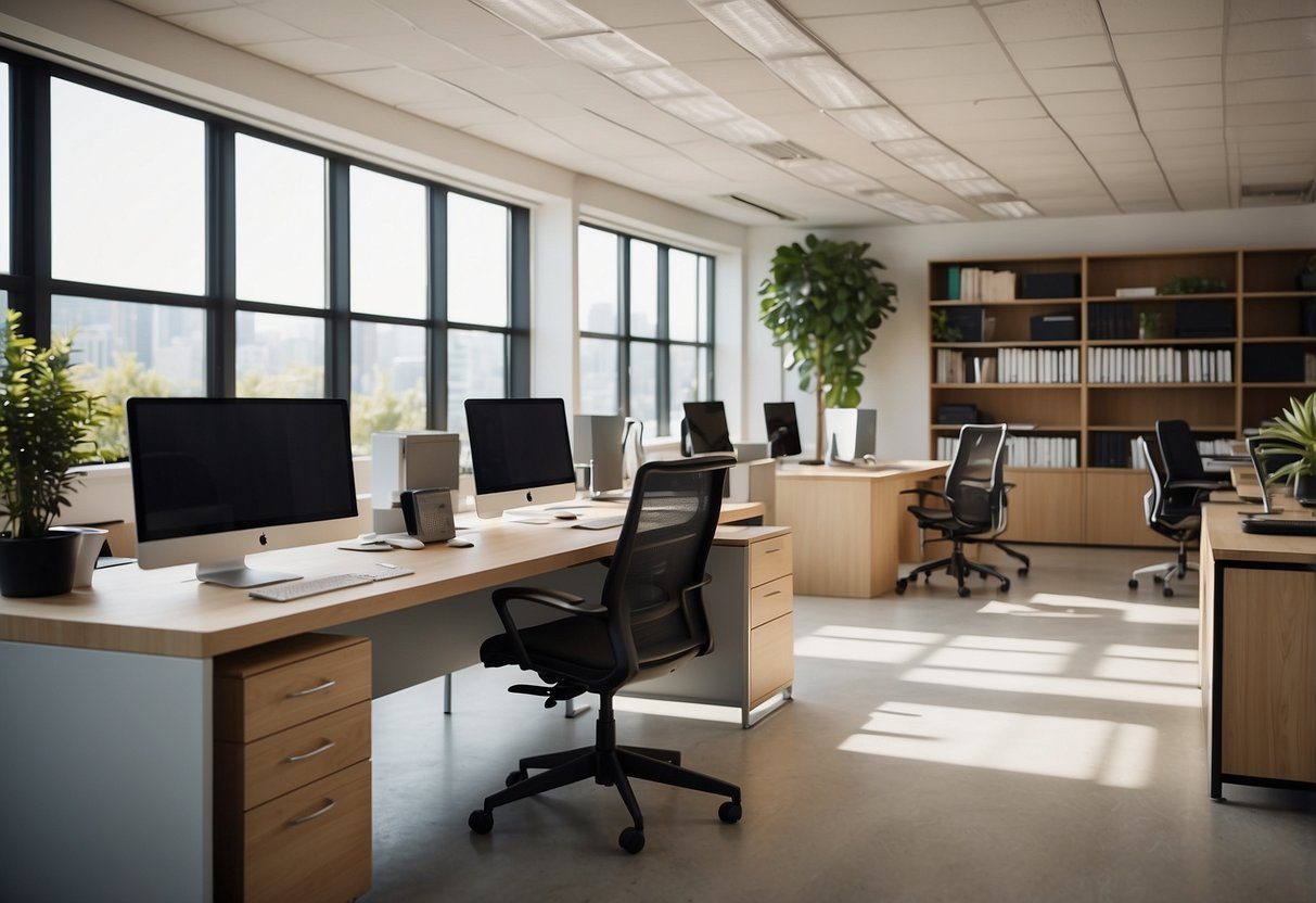 A modern office with sleek desks, ergonomic chairs, and stylish storage units. Bright, natural light floods the room, creating a welcoming and productive atmosphere