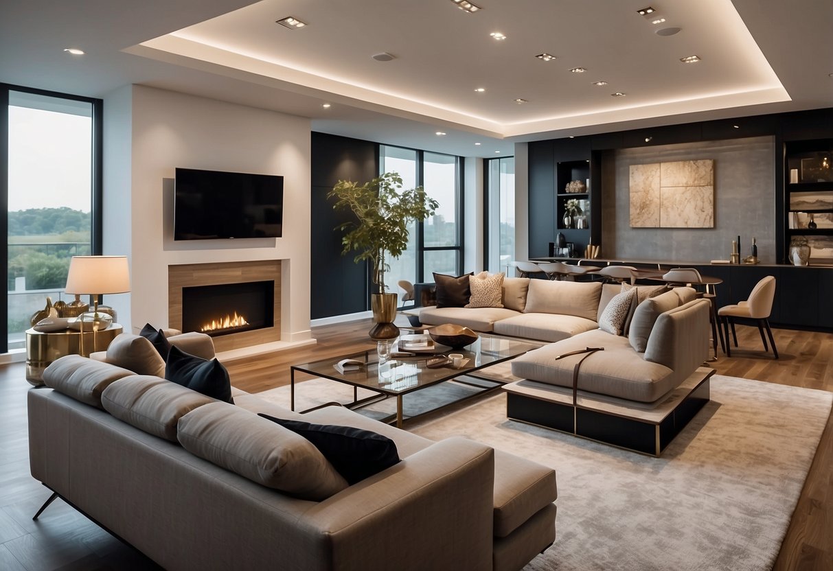 A spacious, modern showroom filled with sleek and stylish furniture. Various living room sets, dining tables, and bedroom ensembles are displayed in a well-lit environment