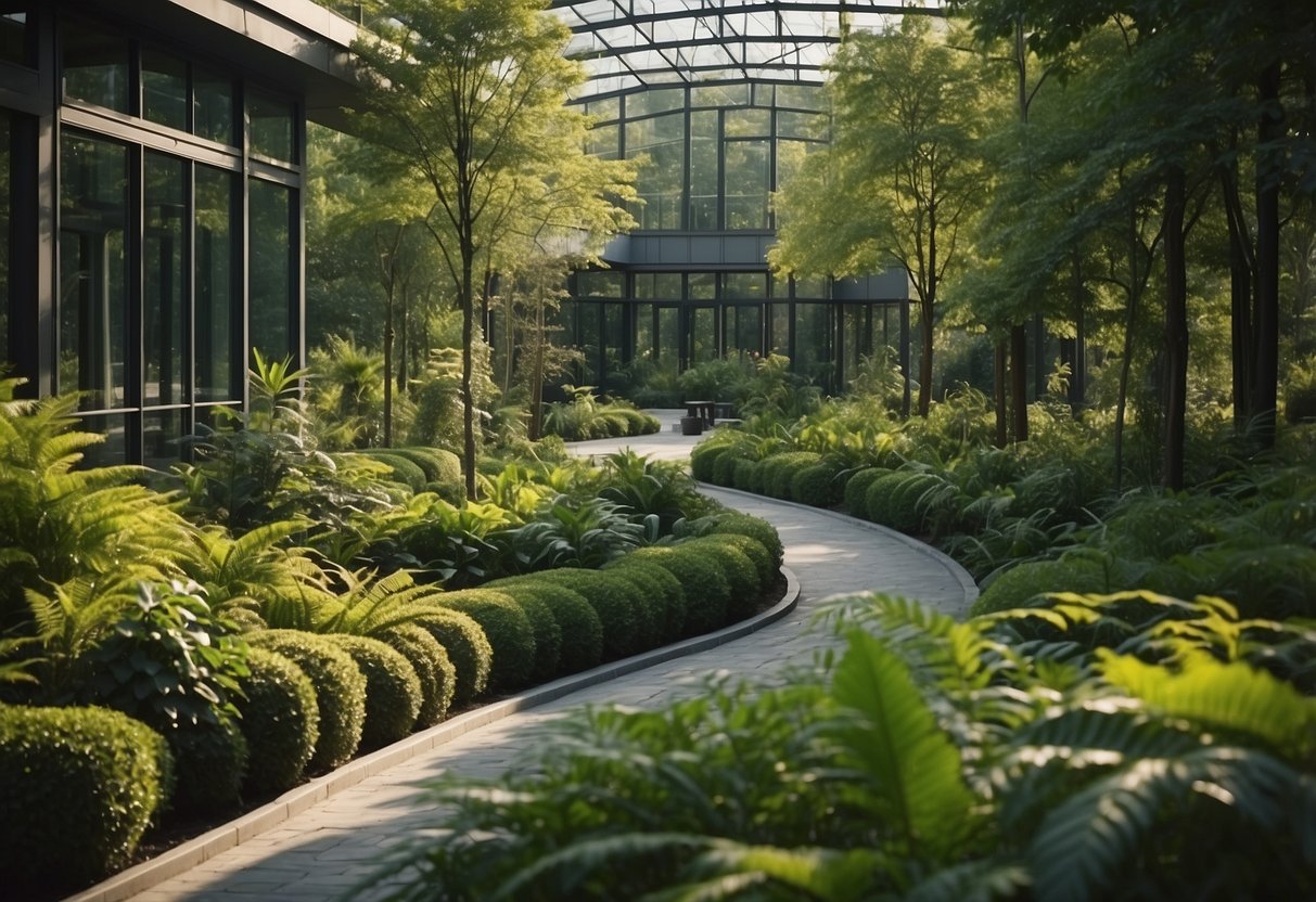 A lush green forest with a modern furniture factory nestled among the trees, showcasing a seamless integration of nature and industry