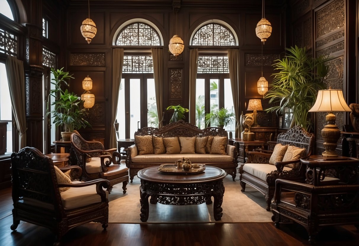 A room filled with intricate oriental rosewood furniture, including a carved coffee table, ornate chairs, and a beautiful cabinet with intricate detailing