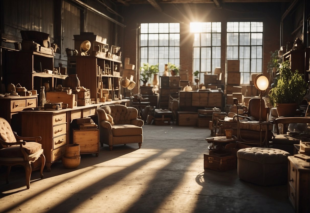A cluttered warehouse filled with vintage furniture, dusty shelves, and antique decor. Sunlight filters through the windows, casting a warm glow on the aged pieces