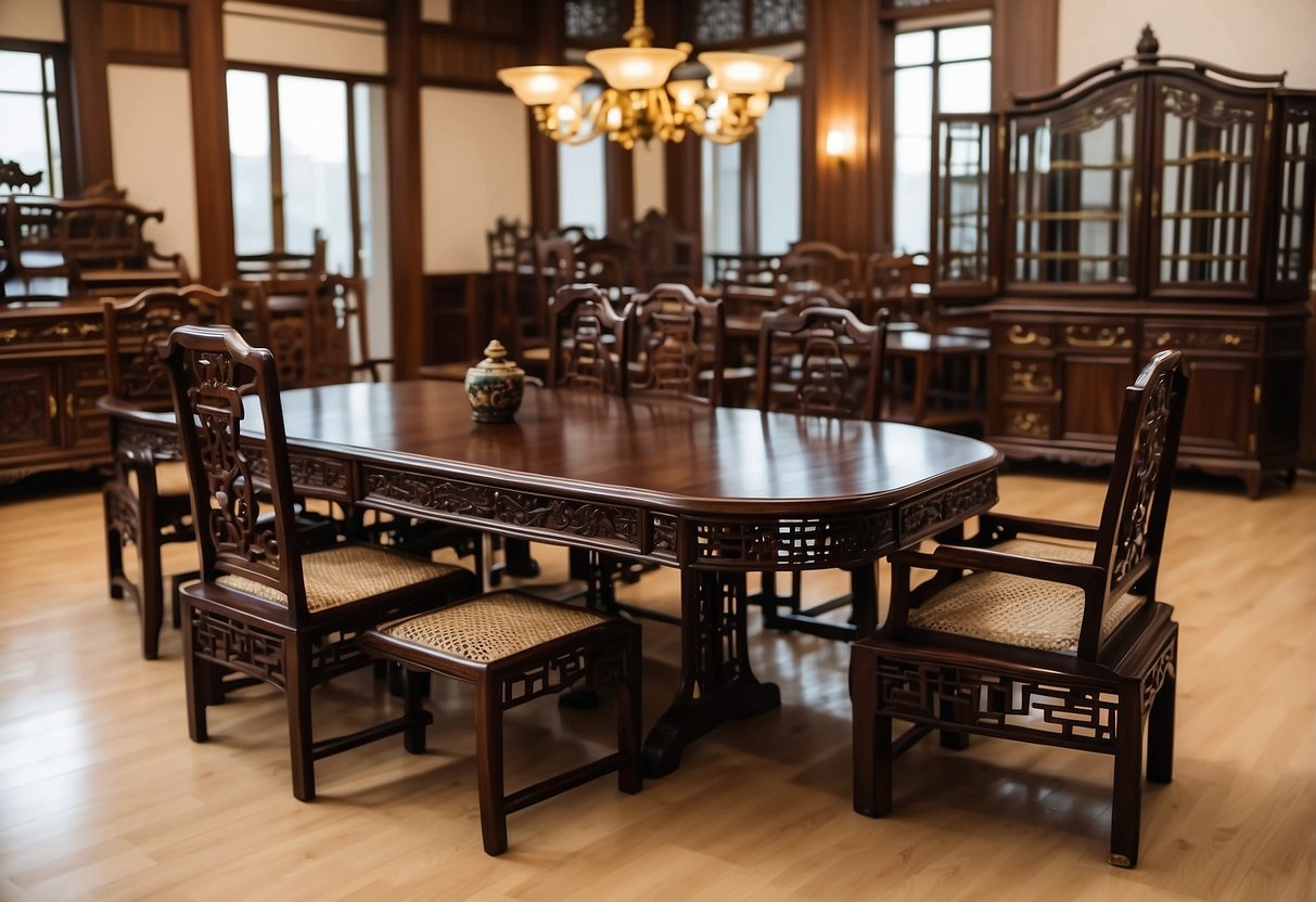 A room filled with various oriental rosewood furniture, including tables, chairs, and cabinets, showcasing the rich and intricate designs of the wood
