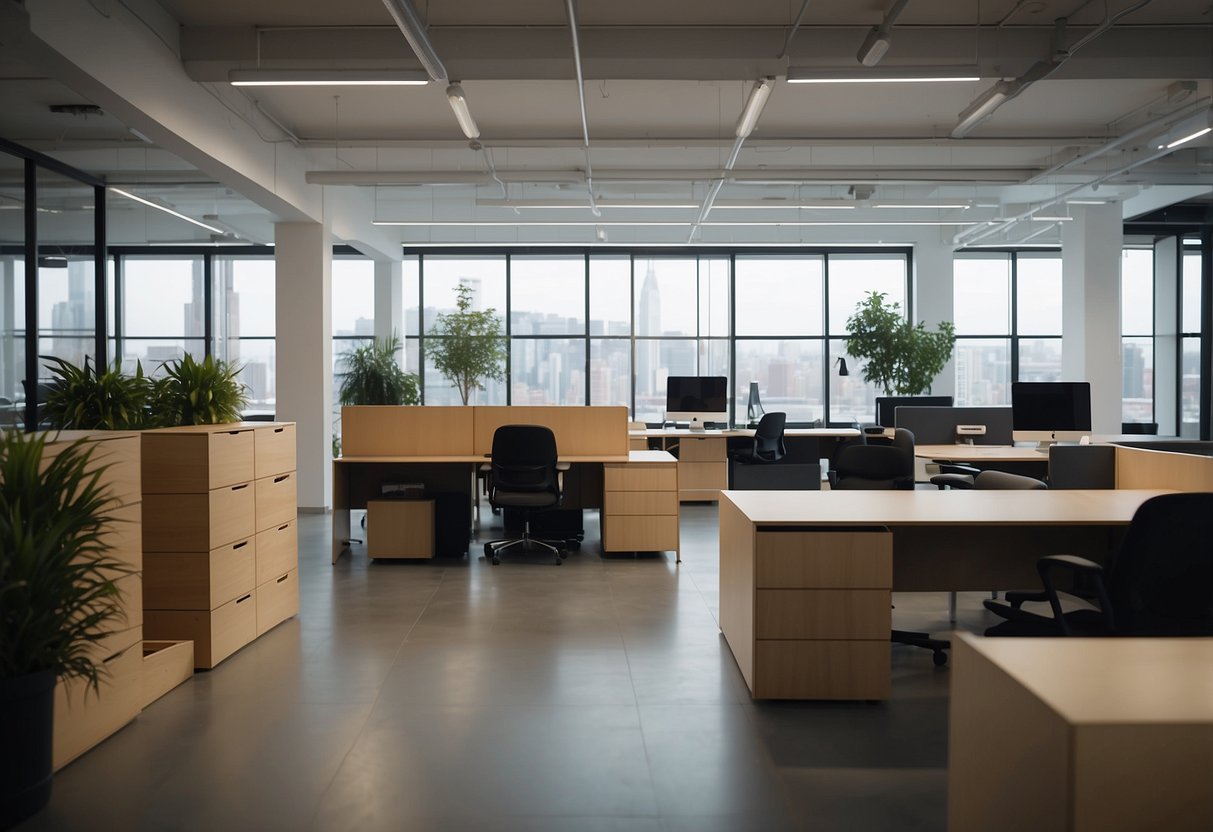 A person selects and arranges office furniture in a modern showroom. A delivery team unloads and assembles the furniture in a sleek office space