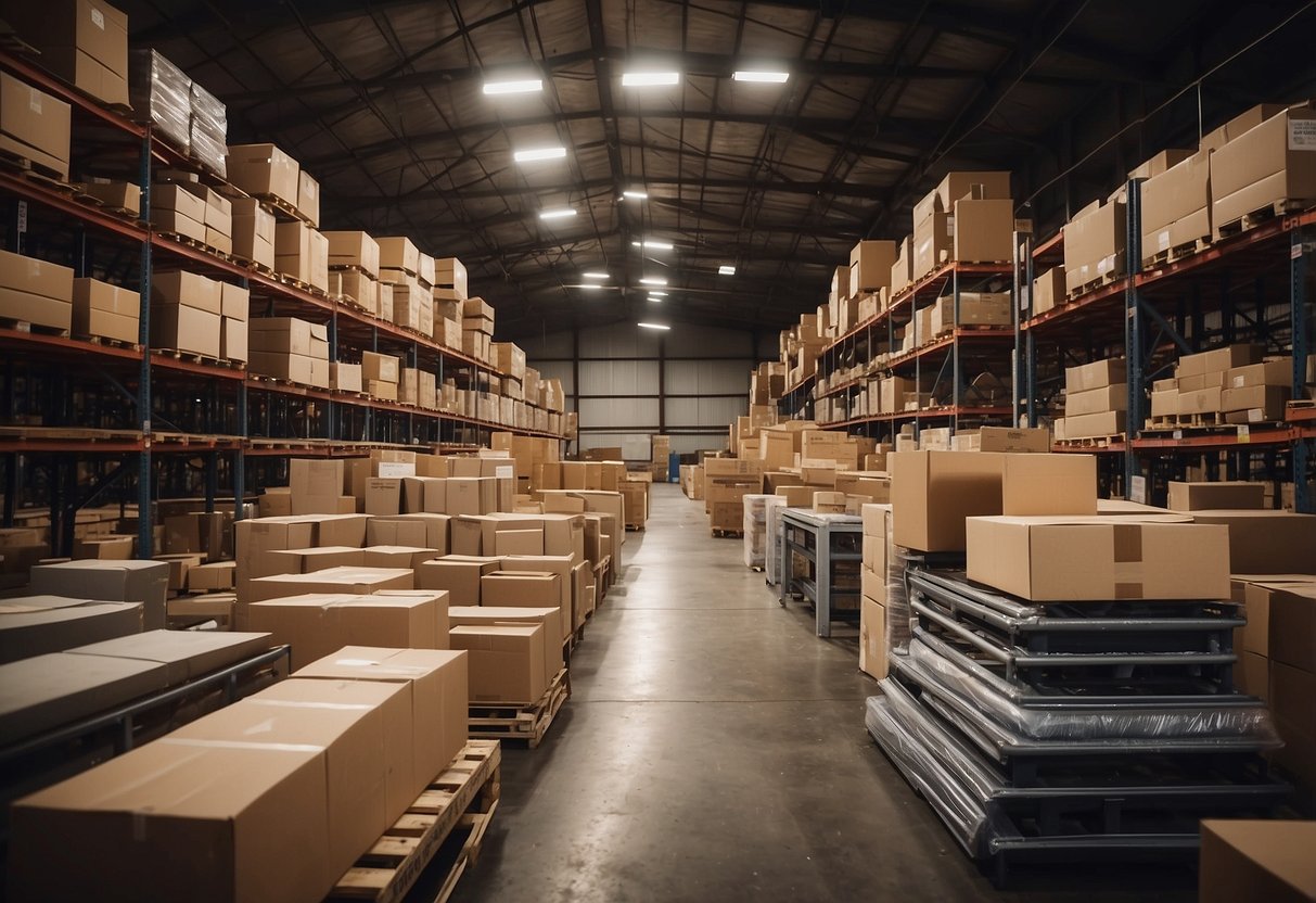 A warehouse filled with old freedom furniture stock being organized and managed for acquisition