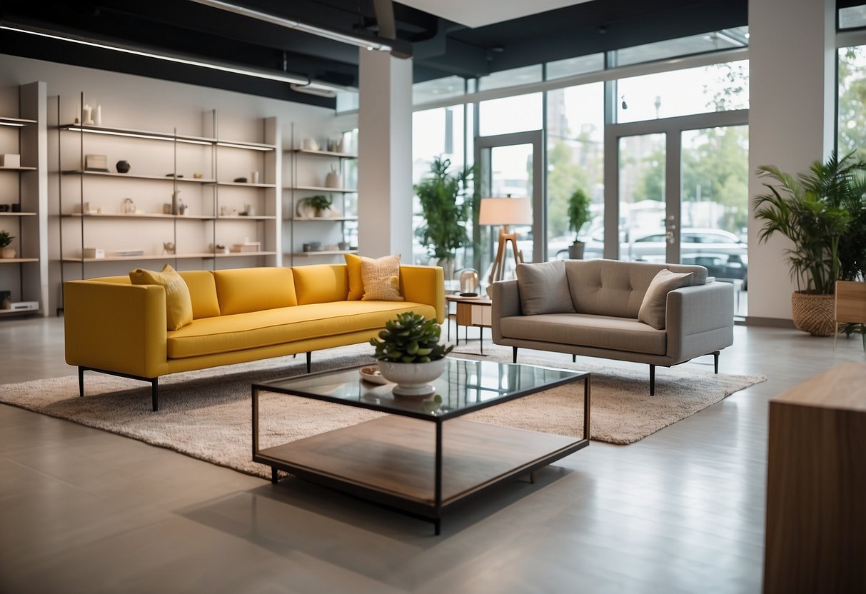 A bright, spacious showroom with modern furniture displays. Soft lighting and clean lines create a welcoming atmosphere. Shelves are neatly organized with home decor accents