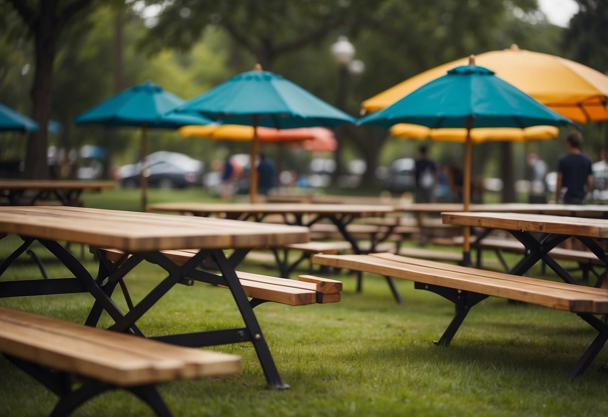 The outdoor park furniture includes wooden benches, metal picnic tables, and colorful umbrellas scattered across the grassy area
