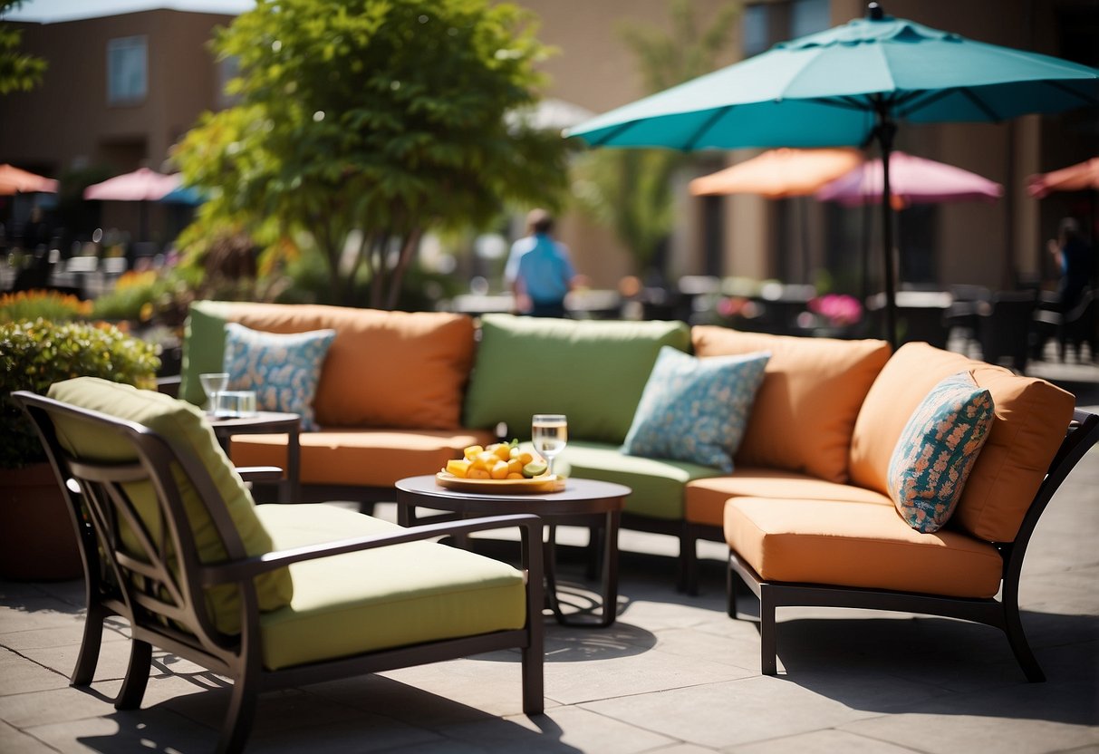 A colorful array of patio furniture on clearance at Costco, with umbrellas and lounge chairs scattered across the outdoor display