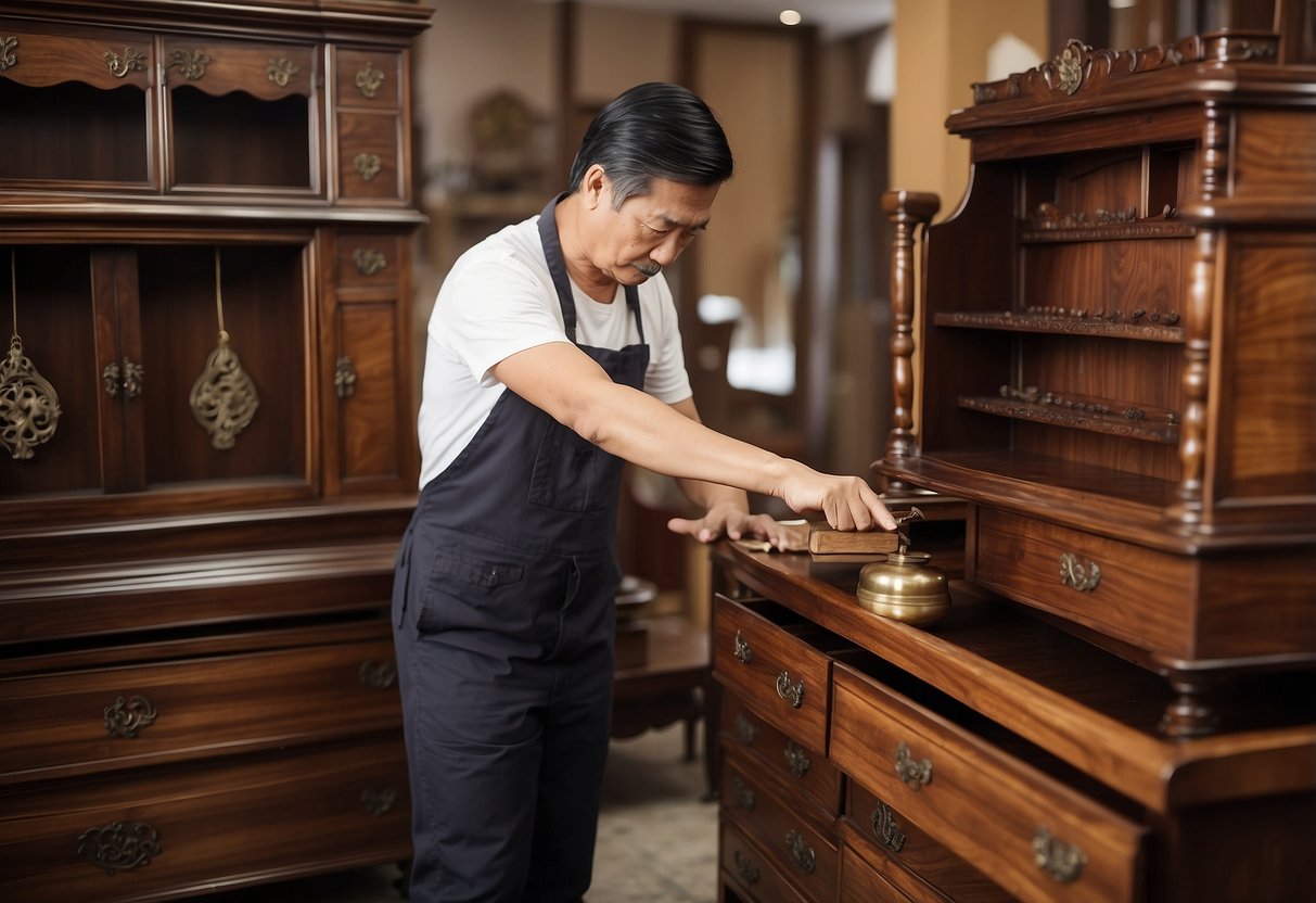 A person gently dusts and polishes a beautiful oriental rosewood furniture set, carefully arranging and caring for each piece in a well-lit room