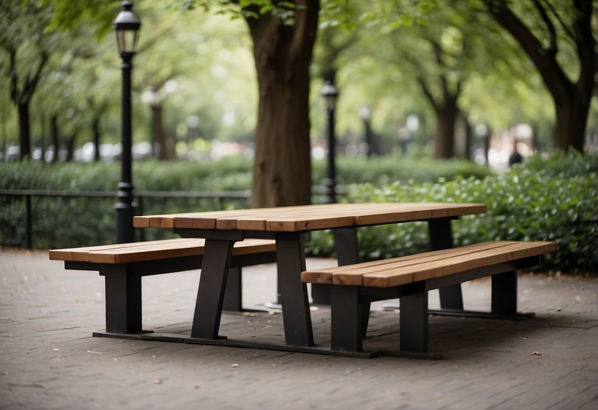 A park bench and table set made of wood and metal, surrounded by trees and greenery