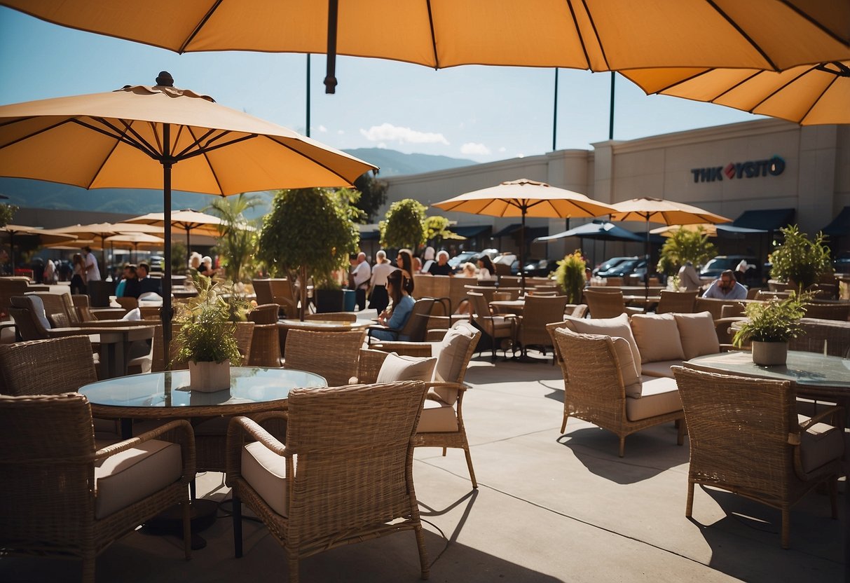 Shoppers browse Costco's outdoor furniture, with umbrellas, loungers, and dining sets on display. Bright, sunny ambiance