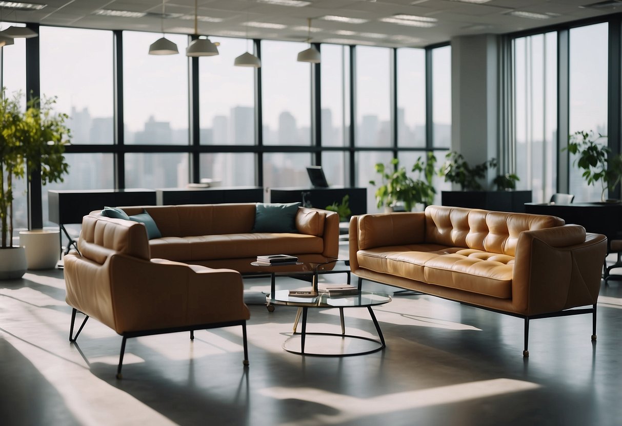 A modern office with sleek desks, ergonomic chairs, and stylish storage units. A reception area with a comfortable sofa and a sleek coffee table. Bright lighting and a clean, organized layout