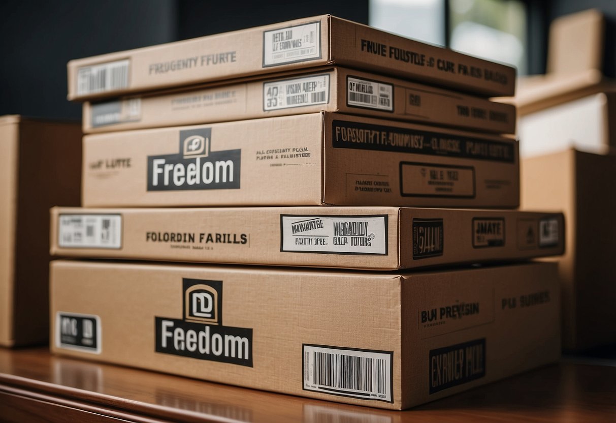 A stack of old Freedom furniture boxes with a "Frequently Asked Questions" label