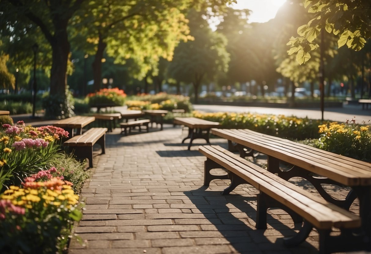 A sunny park with sturdy benches and tables, surrounded by lush greenery and colorful flowers. The furniture is made of durable materials, designed for outdoor use