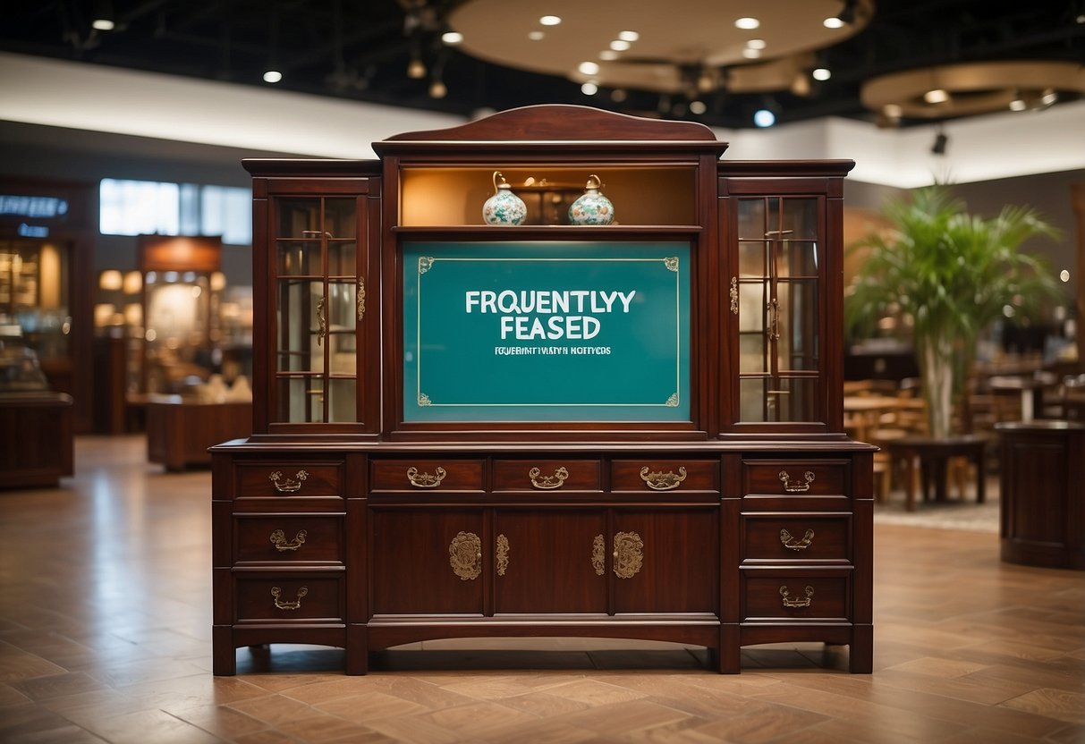 A display of oriental rosewood furniture with a sign reading "Frequently Asked Questions" next to it
