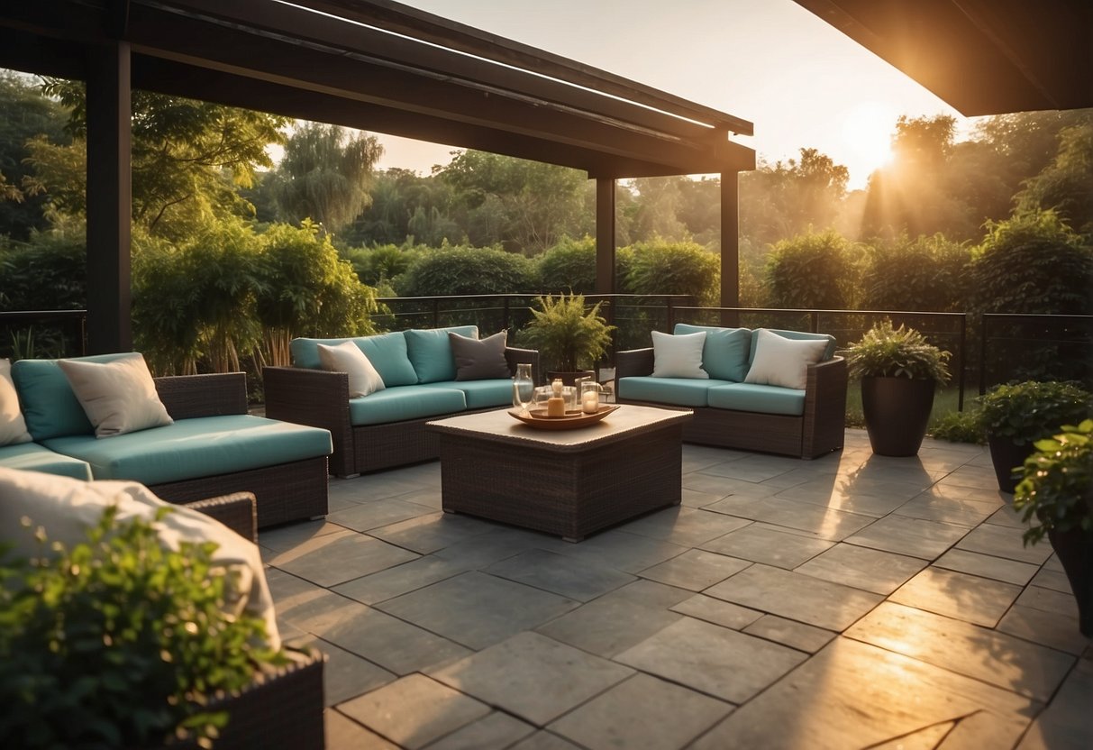A spacious patio with modern, comfortable furniture, surrounded by lush greenery and a view of the sunset